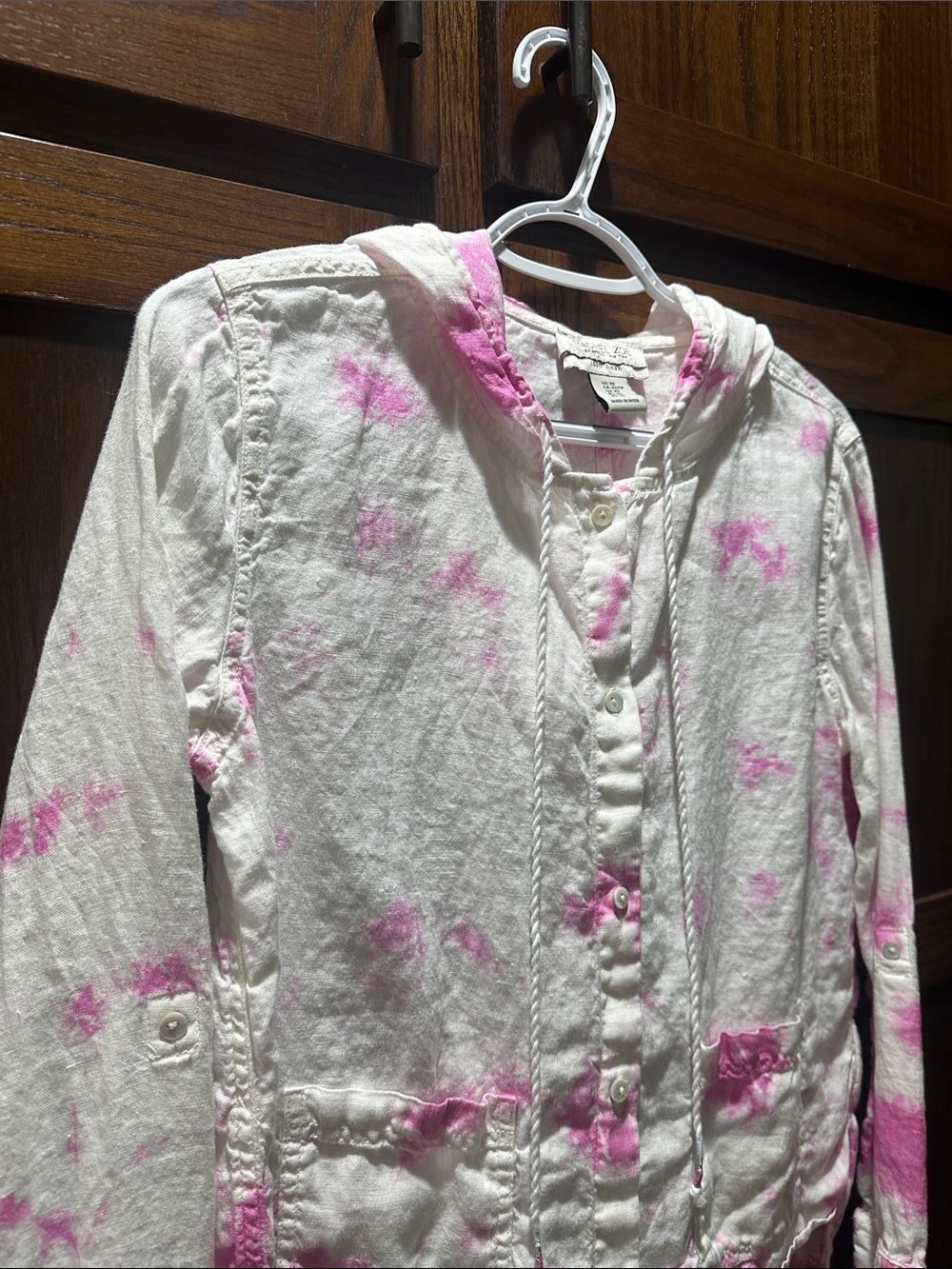Rachel Zoe White Hooded Button-Front Jacket with Pink Tie-Dye